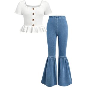 WDIRARA Girl's 2 Piece Outfits Button Front Square Neck Short Sleeve Tee and Ruffle Hem Denim Pants Set