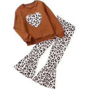 COZYEASE Girl's 2 Piece Outfits Heart Graphic Waffle Crewneck Sweatshirt and Leopard Flare Pants Set