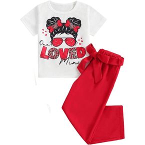 WDIRARA Toddler Girl's 2 Piece Outfits Cute Cartoon Letter Graphic Pants Set Short Sleeve T Shirt and Belted Pants