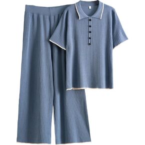 Tanming Two Piece Sets for Women Short Sleeve Polo Neck Tops Casual Lounge Set Wide Leg Pants Set Tracksuit