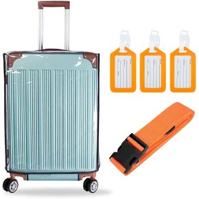 Clear Luggage Cover Protector Bag with Tag - Transparent PVC Suitcase Cover - Waterproof, Dustproof for Travel (Orange, 24-Inch)