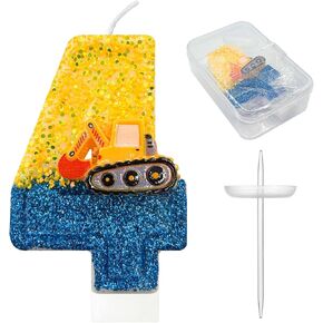 Construction Birthday Candle -Digger Birthday Candles Numbers，Number 3 Birthday Candles，Yellow & Blue Construction Party Decorations,Excavator Birthday Decorations for Kid's Party Celebration