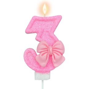 1st Birthday Pink Number Candle with 3D Bow Design - Girl Party Decorations, Pink Birthday Cake Topper for Party Supplies
