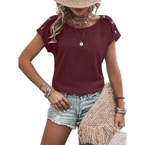 Hilinker Women's Short Sleeve T Shirt Crew Neck Shirts Button Decor Summer Tops Fashion Basic Tee