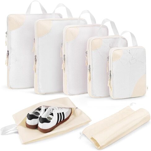 7 Set Compression Packing Cubes for travel,Packing Cubes for Travel Compression,Luggage Organizer Bags,tripped compression packing cubes,suitcase organizer bags set,Travel Essentials,Beige in Saudi Arabia
