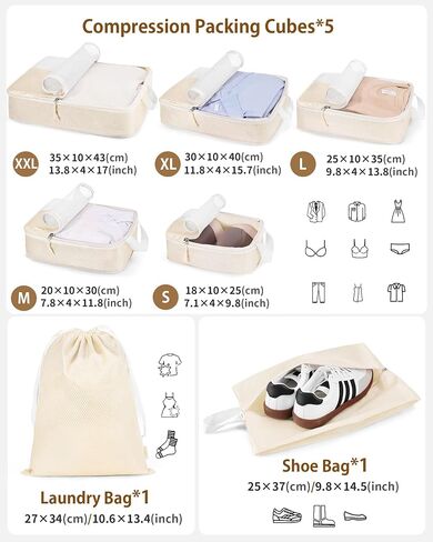 7 Set Compression Packing Cubes for travel,Packing Cubes for Travel Compression,Luggage Organizer Bags,tripped compression packing cubes,suitcase organizer bags set,Travel Essentials,Beige in Saudi Arabia
