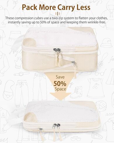 7 Set Compression Packing Cubes for travel,Packing Cubes for Travel Compression,Luggage Organizer Bags,tripped compression packing cubes,suitcase organizer bags set,Travel Essentials,Beige in Saudi Arabia