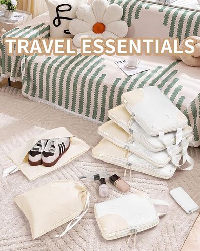7 Set Compression Packing Cubes for travel,Packing Cubes for Travel Compression,Luggage Organizer Bags,tripped compression packing cubes,suitcase organizer bags set,Travel Essentials,Beige in Saudi Arabia