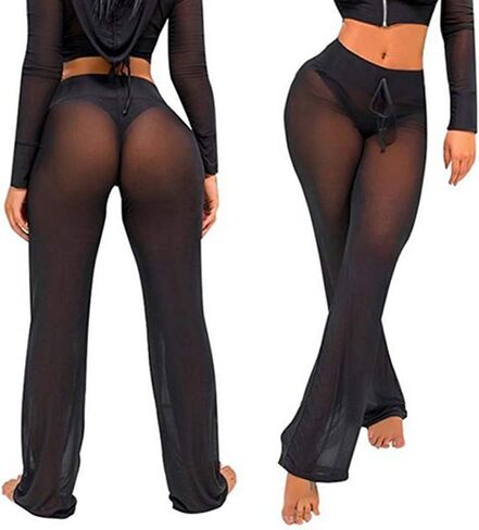 Womens See Through Sheer Mesh Chiffon Beach Pants Wide Leg High Waist Flared Bikini Bottom Cover-Ups in Saudi Arabia