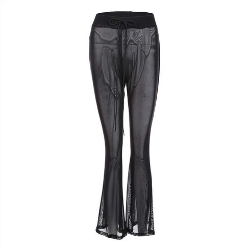 Womens See Through Sheer Mesh Chiffon Beach Pants Wide Leg High Waist Flared Bikini Bottom Cover-Ups in Saudi Arabia