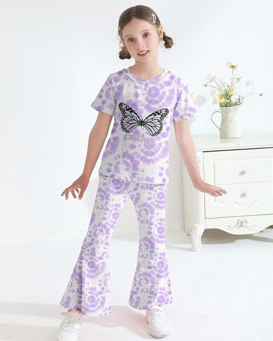 CARETOO Girls Summer Outfit Poster Girl Matching Sister 2pcs Sets Printed t-Shirt + Flare Leg Pants For 3-8 Years in Saudi Arabia