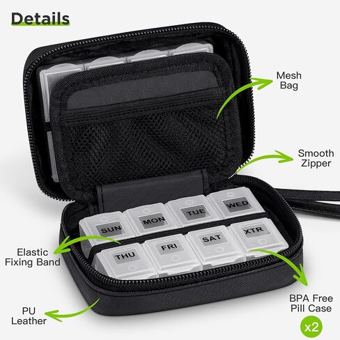 Zannaki Cute Pill Organizer for Purse with Two Removable 7-Day Pill Box, Travel PU Leather Pill Case, Portable Weekly Pill Container with Storage Bag to Hold Vitamins, Fish Oils, Supplements (Pink) in Saudi Arabia