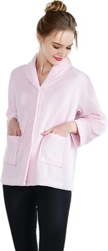 Women's Light Purple Drop Needle Coral Fleece Shawl Collar Button FrontBed Jacket in Kuwait