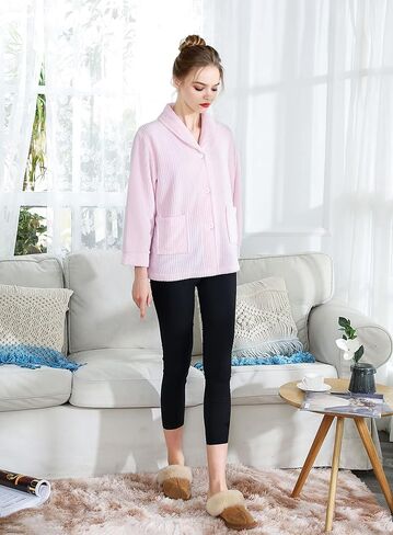 Women's Light Purple Drop Needle Coral Fleece Shawl Collar Button FrontBed Jacket in Kuwait