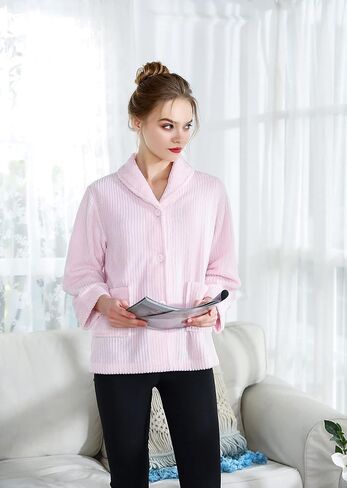 Women's Light Purple Drop Needle Coral Fleece Shawl Collar Button FrontBed Jacket in Kuwait
