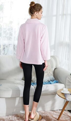 Women's Light Purple Drop Needle Coral Fleece Shawl Collar Button FrontBed Jacket in Kuwait