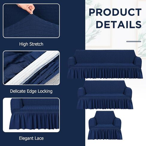 3 Pcs Sofa Slipcover Set for Couch Cushion Durable Washable High Elastic Stretchable Furniture Couch Covers with Skirt for Sofa Loveseat Arm Chair(Khaki,Seersucker) in Saudi Arabia