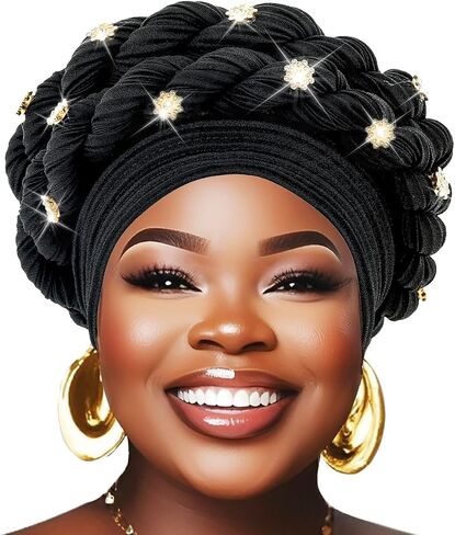 Urieo African Turban Head Warp Twisted Braid Headwarp Soft Pre-Tied Head Cover Flower Headscarf for Women in Kuwait