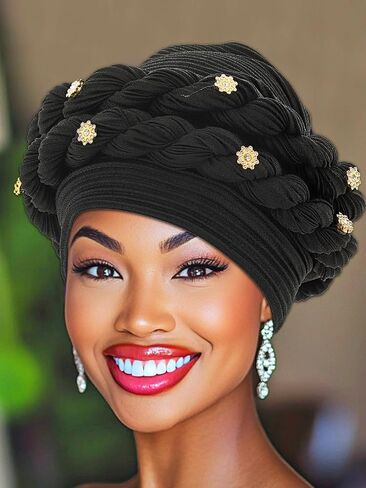 Urieo African Turban Head Warp Twisted Braid Headwarp Soft Pre-Tied Head Cover Flower Headscarf for Women in Kuwait