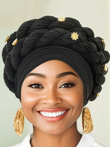 Urieo African Turban Head Warp Twisted Braid Headwarp Soft Pre-Tied Head Cover Flower Headscarf for Women in Kuwait