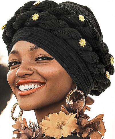 Urieo African Turban Head Warp Twisted Braid Headwarp Soft Pre-Tied Head Cover Flower Headscarf for Women in Kuwait