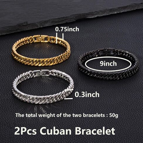 2Pcs Silver Gold Black Cuban Link Bracelet for Men Stainless Steel Cuban Link Chain Bracelet Set 7.5/8.3/9 Inches in Saudi Arabia