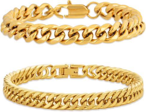 2Pcs Silver Gold Black Cuban Link Bracelet for Men Stainless Steel Cuban Link Chain Bracelet Set 7.5/8.3/9 Inches in Saudi Arabia