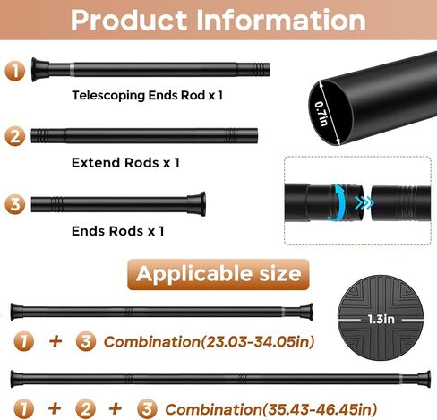 2 Pack Black Spring Tension Curtain Rods 23-46 Inch Adjustable Expandable Spring Loaded Curtain Rods No Drilling Suitable for Small Short Tension Rods Doors, Windows, Closet in Saudi Arabia