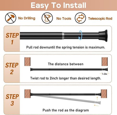 2 Pack Black Spring Tension Curtain Rods 23-46 Inch Adjustable Expandable Spring Loaded Curtain Rods No Drilling Suitable for Small Short Tension Rods Doors, Windows, Closet in Saudi Arabia