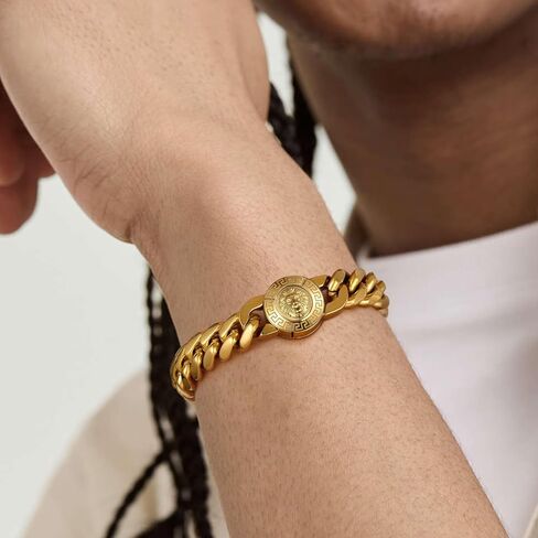 KRKC&CO 12/14mm Mens Cuban Link Bracelet, 18k Gold Plated Miami Thick Bracelet, Cross, Compass, Skulls Round, Carve Clasp, Durable Anti-tarnish Urban Street-wear Hip Hop Jewelry for Him in Kuwait
