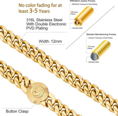 KRKC&CO 12/14mm Mens Cuban Link Bracelet, 18k Gold Plated Miami Thick Bracelet, Cross, Compass, Skulls Round, Carve Clasp, Durable Anti-tarnish Urban Street-wear Hip Hop Jewelry for Him in Kuwait