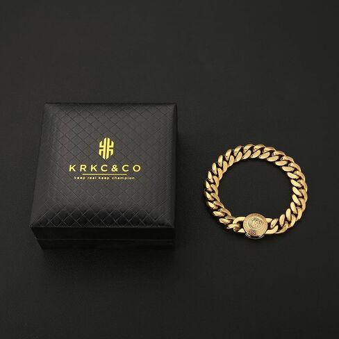 KRKC&CO 12/14mm Mens Cuban Link Bracelet, 18k Gold Plated Miami Thick Bracelet, Cross, Compass, Skulls Round, Carve Clasp, Durable Anti-tarnish Urban Street-wear Hip Hop Jewelry for Him in Kuwait