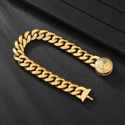 KRKC&CO 12/14mm Mens Cuban Link Bracelet, 18k Gold Plated Miami Thick Bracelet, Cross, Compass, Skulls Round, Carve Clasp, Durable Anti-tarnish Urban Street-wear Hip Hop Jewelry for Him in Kuwait