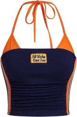 SOLY HUX Women's Halter Crop Tops Y2K Color Block Embroidered Cami Top Summer Sleeveless Slim Fitted Top in Kuwait