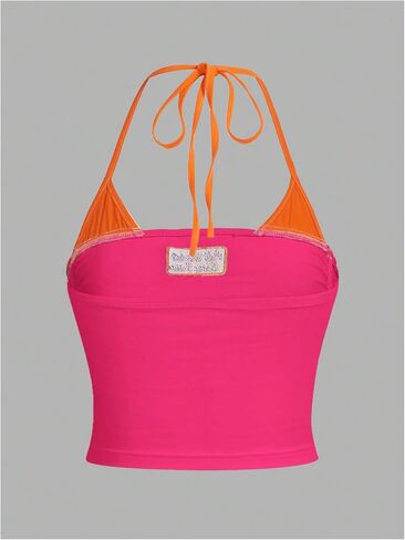 SOLY HUX Women's Halter Crop Tops Y2K Color Block Embroidered Cami Top Summer Sleeveless Slim Fitted Top in Kuwait