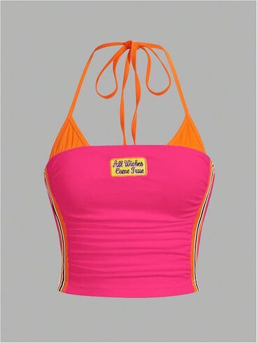 SOLY HUX Women's Halter Crop Tops Y2K Color Block Embroidered Cami Top Summer Sleeveless Slim Fitted Top in Kuwait