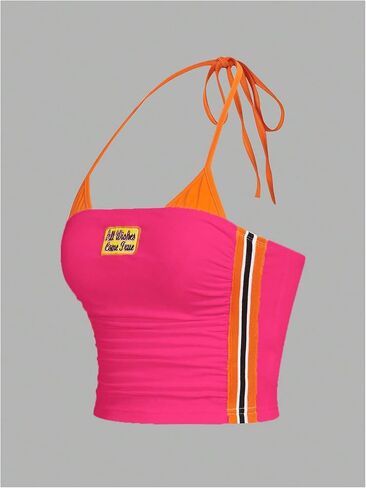 SOLY HUX Women's Halter Crop Tops Y2K Color Block Embroidered Cami Top Summer Sleeveless Slim Fitted Top in Kuwait