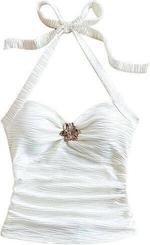 SOLY HUX Women's V Neck Halter Tops Open Back Y2k Ruched Floral Metal Summer Going Out Cami Tops in Kuwait