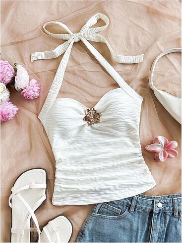 SOLY HUX Women's V Neck Halter Tops Open Back Y2k Ruched Floral Metal Summer Going Out Cami Tops in Kuwait