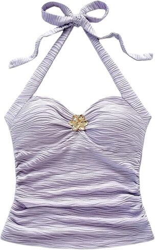 SOLY HUX Women's V Neck Halter Tops Open Back Y2k Ruched Floral Metal Summer Going Out Cami Tops in Kuwait