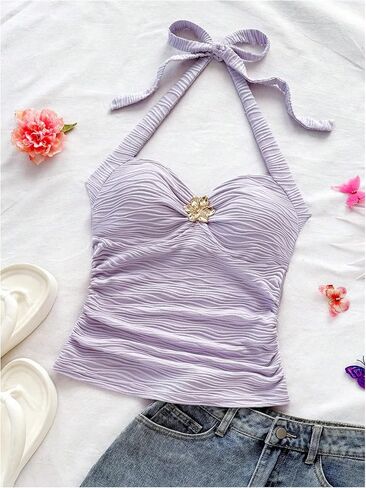 SOLY HUX Women's V Neck Halter Tops Open Back Y2k Ruched Floral Metal Summer Going Out Cami Tops in Kuwait