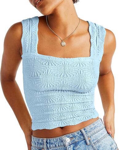 DouBCQ Women Cute Crop Tank Top Square Neck Wide Strap Vest Slim Fit Floral Lettuce Trim Cropped Cami Tops in Saudi Arabia