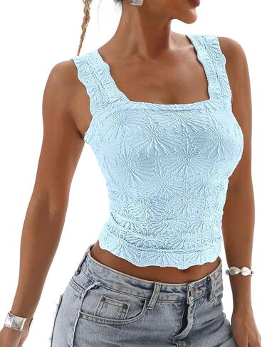DouBCQ Women Cute Crop Tank Top Square Neck Wide Strap Vest Slim Fit Floral Lettuce Trim Cropped Cami Tops in Saudi Arabia