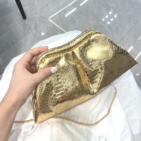 Women's PU Leather Clutch Handbags Ruched Bag Purse Gold Evening Bag with Detachable Chain in Saudi Arabia