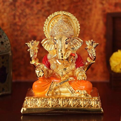 Gold Plated Lord Dagdusheth Ganesha Idol for Car Dashboard with Adhesive Sticker Base | Small Ganesh Murti for Home, Pooja Room Decor & Gifting - Resin (3.5 Inches) in Saudi Arabia