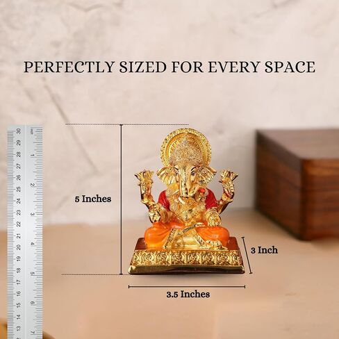 Gold Plated Lord Dagdusheth Ganesha Idol for Car Dashboard with Adhesive Sticker Base | Small Ganesh Murti for Home, Pooja Room Decor & Gifting - Resin (3.5 Inches) in Saudi Arabia