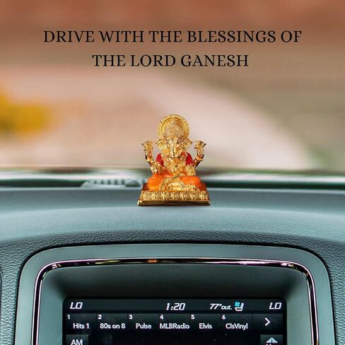 Gold Plated Lord Dagdusheth Ganesha Idol for Car Dashboard with Adhesive Sticker Base | Small Ganesh Murti for Home, Pooja Room Decor & Gifting - Resin (3.5 Inches) in Saudi Arabia