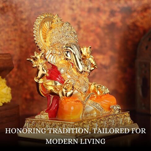 Gold Plated Lord Dagdusheth Ganesha Idol for Car Dashboard with Adhesive Sticker Base | Small Ganesh Murti for Home, Pooja Room Decor & Gifting - Resin (3.5 Inches) in Saudi Arabia