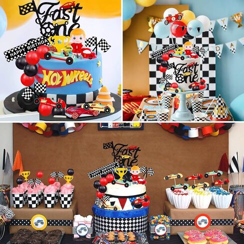 MEMOVAN Race Car Birthday Cake Decoration 24PCS Racing Car Cake Toppers Checkered Flag Car Cake Cupcake Decorations for for Man Boy Kid Racing Car Theme Birthday Supplies Party Favors in Saudi Arabia