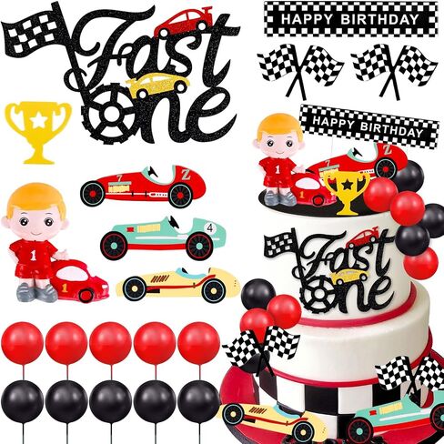 MEMOVAN Race Car Birthday Cake Decoration 24PCS Racing Car Cake Toppers Checkered Flag Car Cake Cupcake Decorations for for Man Boy Kid Racing Car Theme Birthday Supplies Party Favors in Saudi Arabia